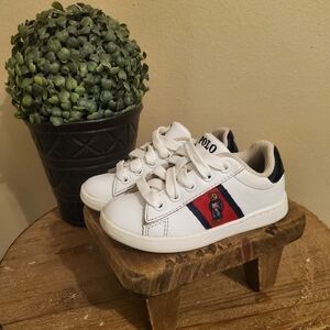 POLO RALPH LAUREN Quilton Bear White Red Blue Striped Embroidered Bear Shoes T7